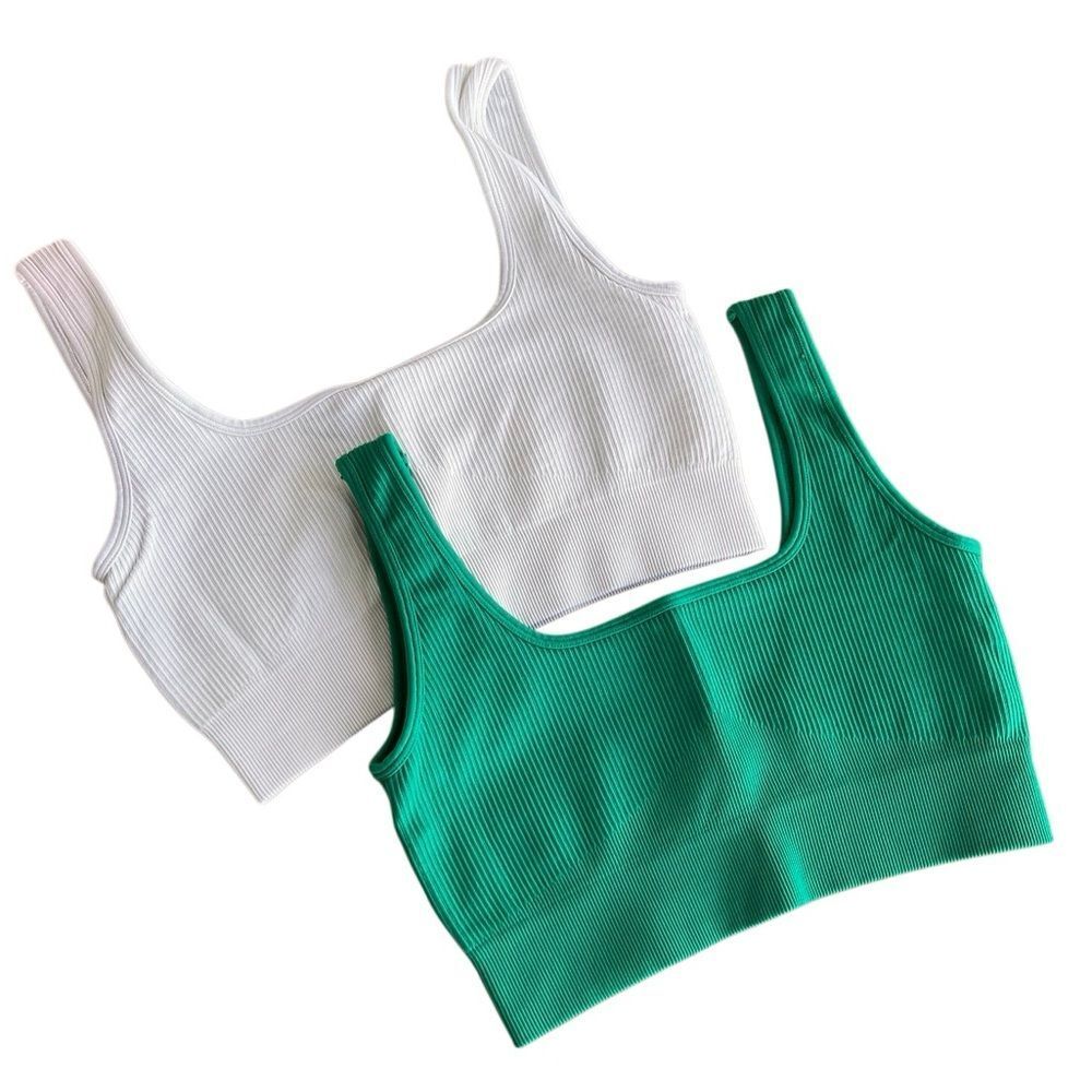 GQQ Ribbed Seamless Longline Sports Bra Tank Bundle (2) White & Green Size M